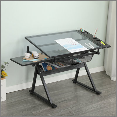 Adjustable Glass Top Drafting Table with Stool, 0-75掳 Tilt, Large Storage for Artists and Designers