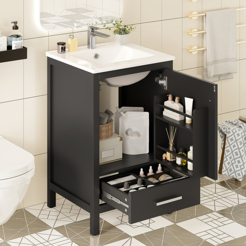 Meuble-lavabo de 20 pouces avec structure en bois massif, panneaux, mécanisme de fermeture en douceur et lavabo à tiroir moderne en céramique facile à nettoyer, patins réglables pour une utilisation sur des planchers inégaux