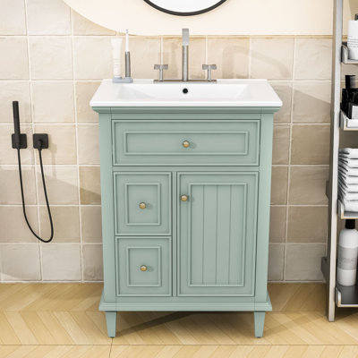 Meuble-lavabo simple contemporain en bois avec lavabo en céramique, tablette réglable et tiroirs de rangement