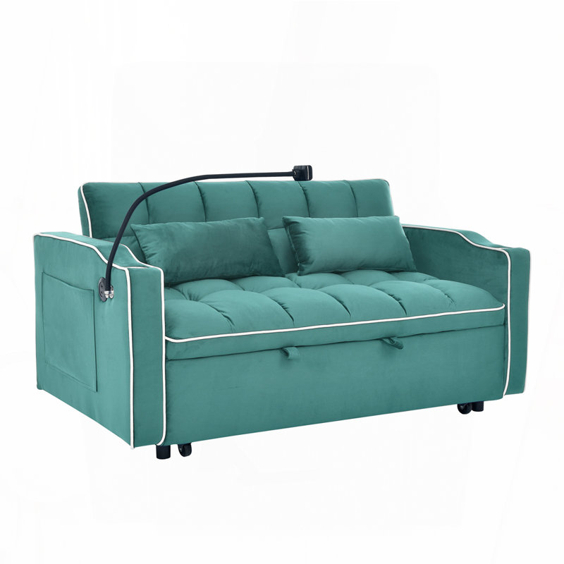 Lit escamotable en velours, dossier réglable et avec port USB, Bleu vert antique