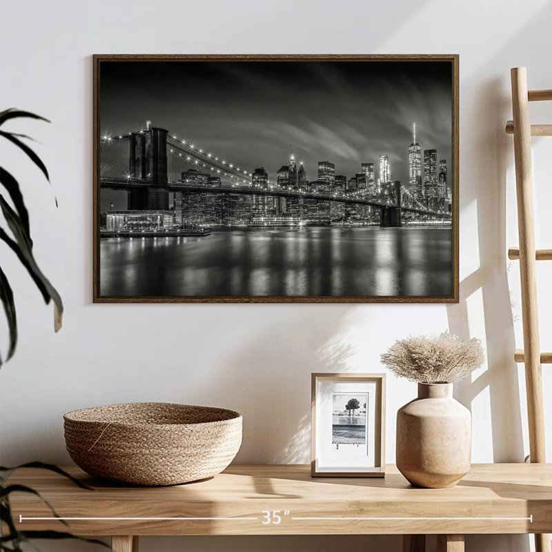 Brooklyn Bridge Nightly Impressions, 25 po x 17 po, Cadre flottant noyer