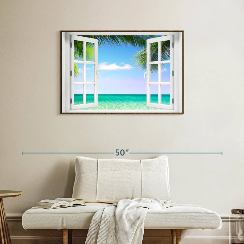 Fenêtre sur la plage turquoise, 37 po x 25 po, Cadre flottant noyer
