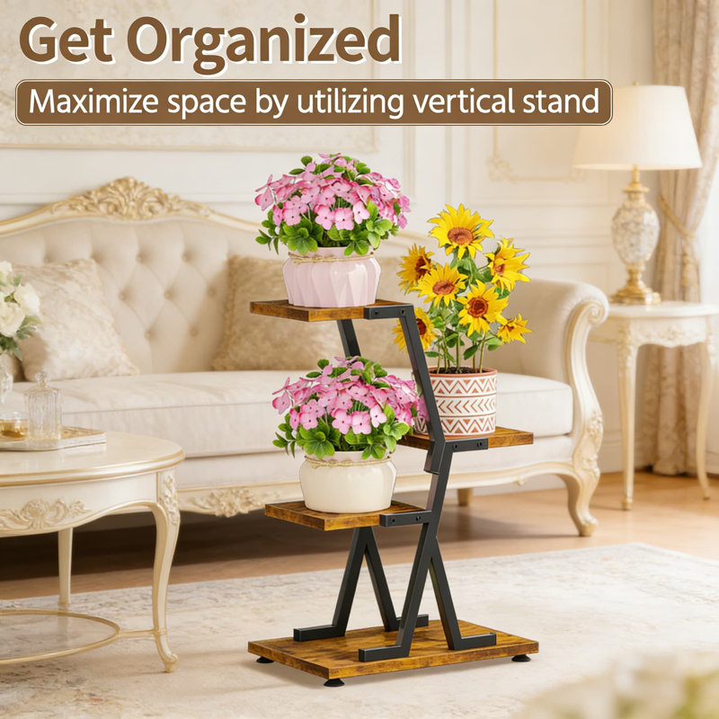 Support pour plante d'intérieur robuste avec cadre en métal renforcé et tablettes en bois, tablette à fleurs verticale à plusieurs niveaux pour les grands pots de fleurs, conception de coin peu encombrante pour le patio et la décoration intérieure
