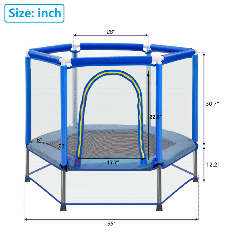 Trampoline hexagonale pour enfants avec enceinte sécuritaire, Blue