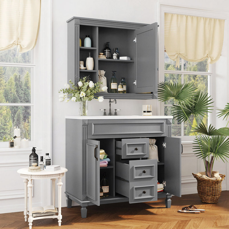 Meuble-lavabo de salle de bain avec lavabo supérieur, armoire à miroir, armoire de rangement moderne avec 2 portes à fermeture douce et 2 tiroirs, meuble-lavabo simple