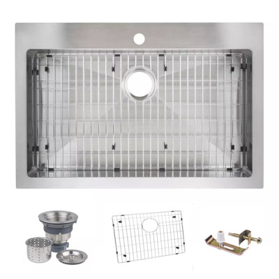 33" Top-Mount/Undermount Single Basin Stainless Steel Kitchen Sink - Drain Assembly and Fitted Basin Rack Included Free