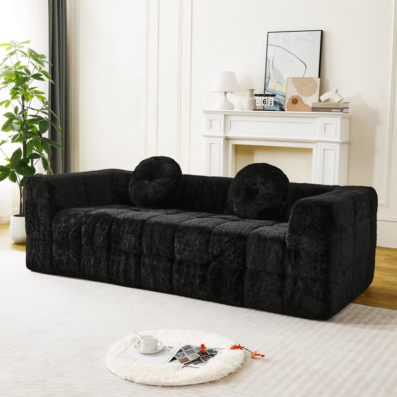 Canapé de 84,6 pouces de style moderne sans os avec deux coussins décoratifs circulaires et trois places en mousse, 3, Noir