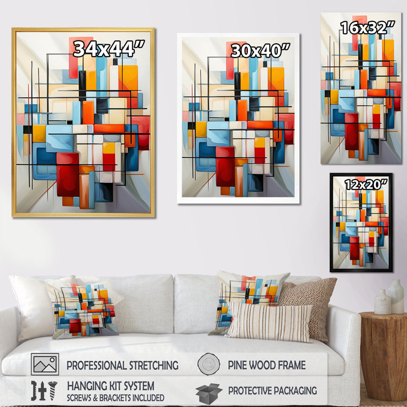 «Geometric Abstraction Composition III», art mural encadré abstrait géométrique, Encadrement doré