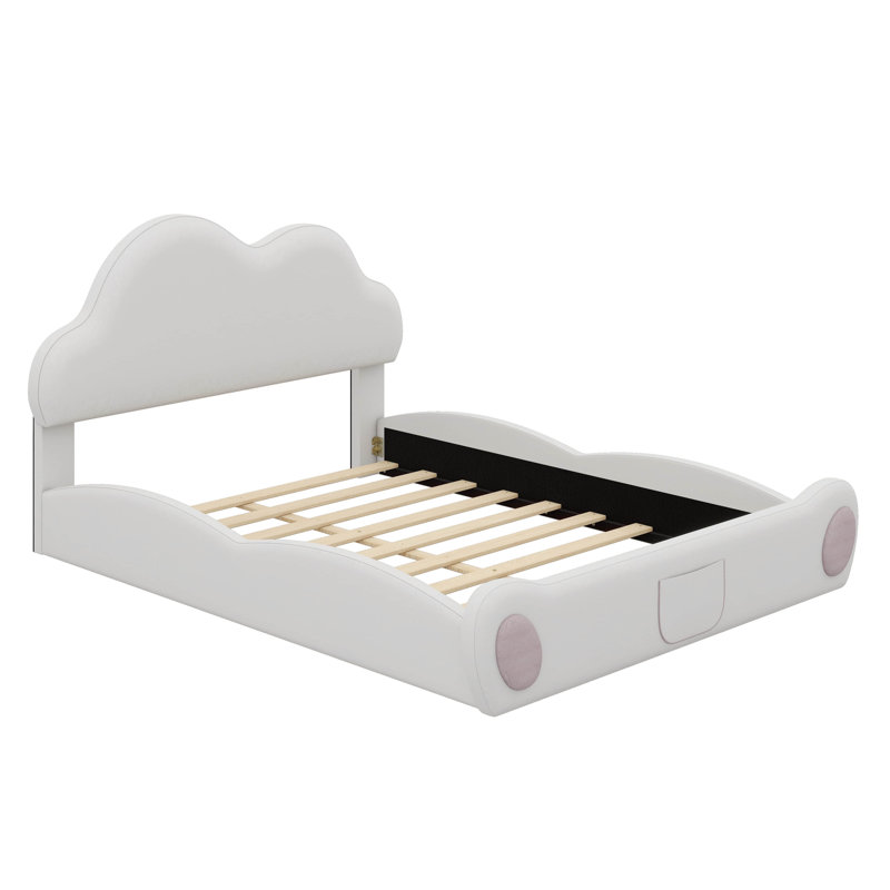 Grand lit plateforme tapissier avec tête de lit Cloud, pied de lit arrondi et rangement, Beige