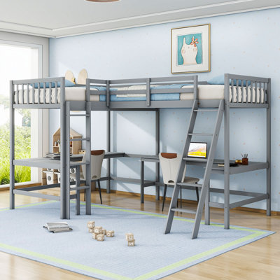 Twin & Twin Wooden L-Shaped Loft Bed With Built-In Desk
