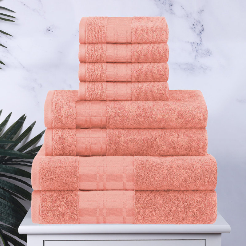Larissa Cotton Medium Weight Geometric Border 8 Piece Assorted Towel Set, Coral