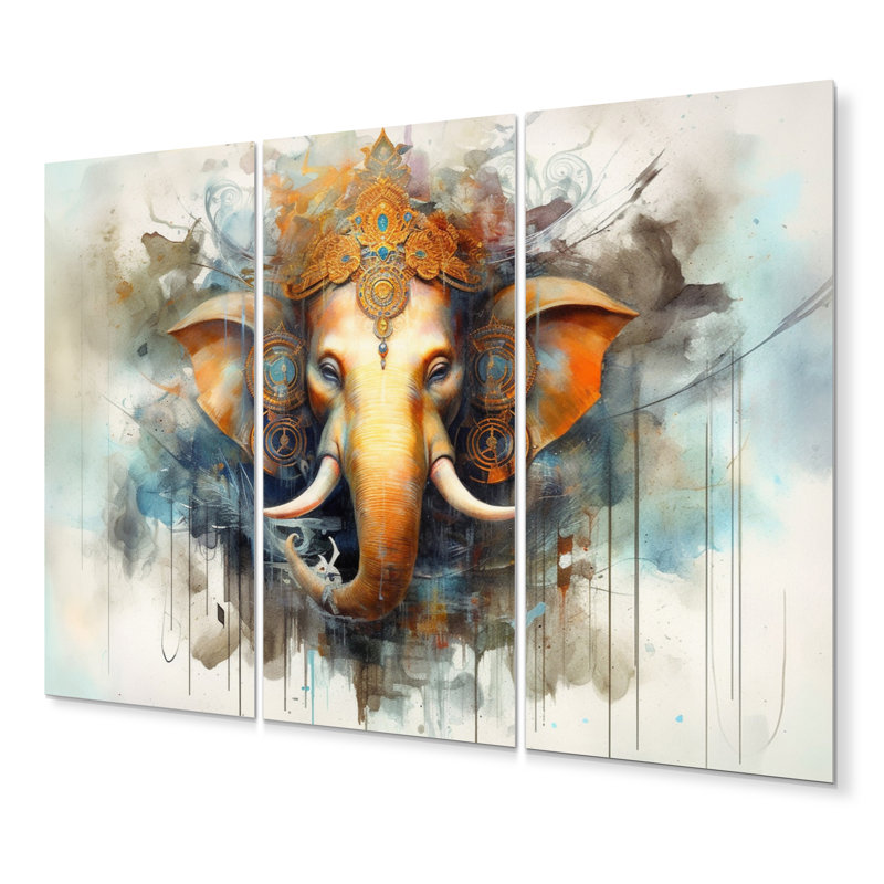 «Vibrant Hinduisim Elephant I» - ensemble d'art mural en métal Hinduisim