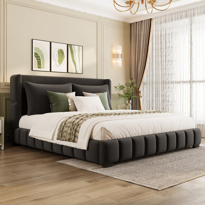 Grand lit plateforme tapissier avec 2 coussins, noir, Noir, Grand lit