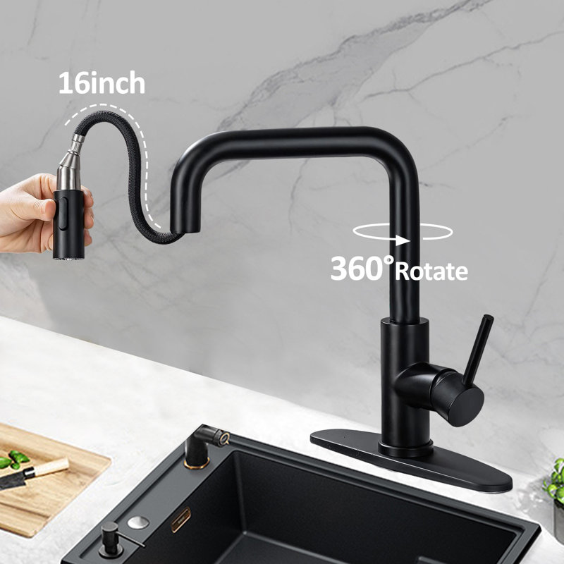 Kitchen Faucet With Pull-Out Sprinkler Head Single Handle Stainless Steel Kitchen Sink Faucet, Matte Black
