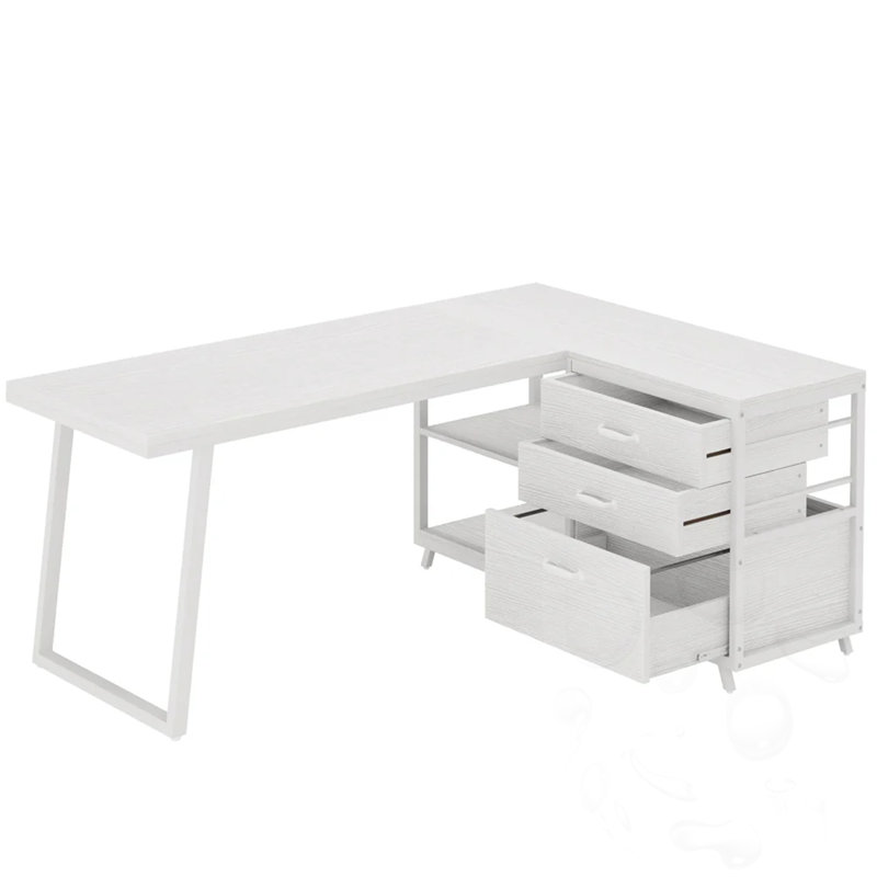 Bureau en L avec tiroirs et tablettes ouvertes