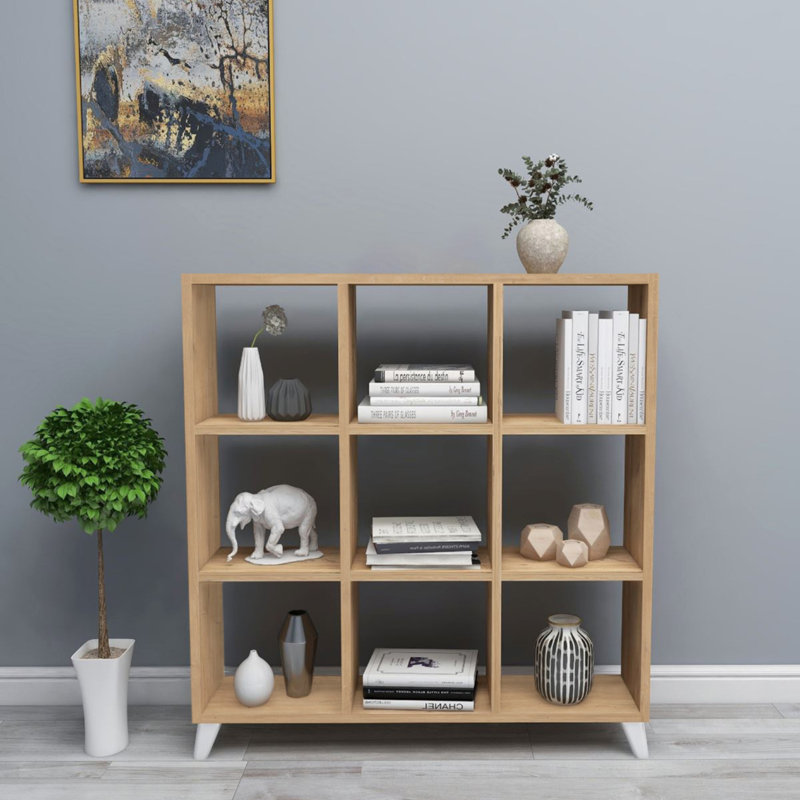 9 Cube Square Bookcase With Legs Cabinet Storage Shelving Display Wood Shelf, Pine