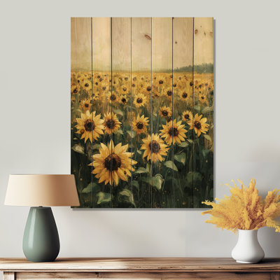 Summer Sunflower Meadow In The Prairies I - Sunflowers Wood Wall Decor - On Natural Pine Wood