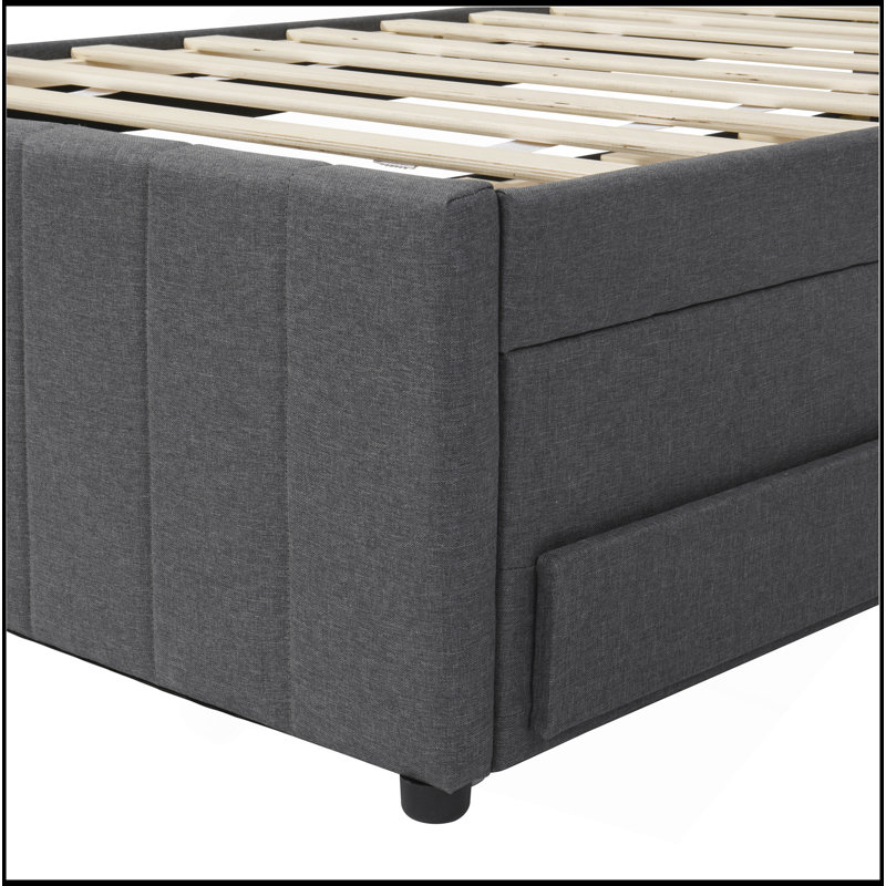 Lit plateforme tapissier avec lit gigogne simple et 3 tiroirs, tissu en lin