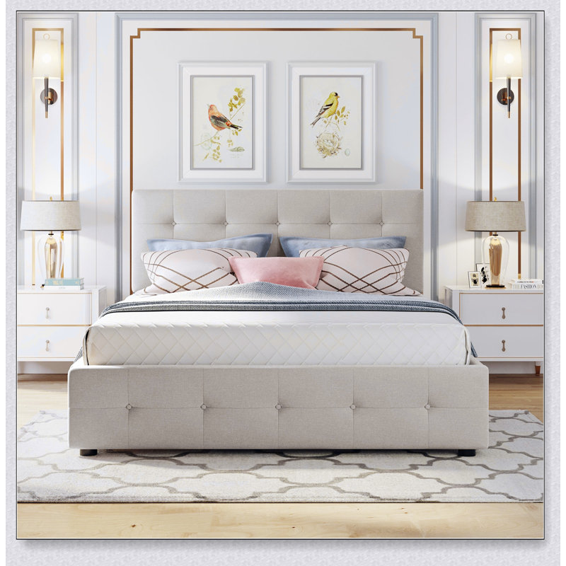 Upholstered Platform Bed With 2 Drawers And 1 Twin XL Trundle,  Linen Fabric, Beige