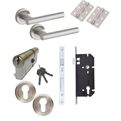  T-Bar Door Handle Pack in Satin Nickel with Euro Profile Lock, 3 Keys and 60mm Barrel