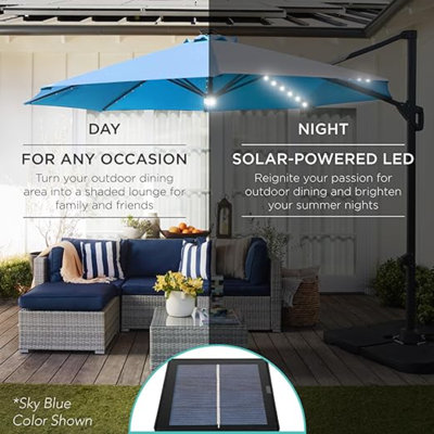 Produits Parasol solaire de patio en porte-à-faux à DEL de 10 pi, abat-jour de marché extérieur pivotant à 360 degrés pour la cour, la terrasse, la piscine avec lumières, inclinaison facile, base croisée