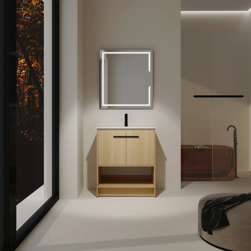 Meuble-lavabo 30 po avec lavabo en céramique, 2 portes à fermeture douce, meuble-lavabo autoportant, contreplaqué, Chêne