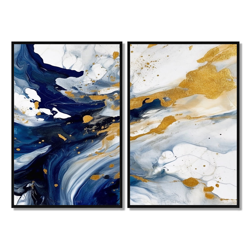 Art mural grand bleu foncé et or XXVI - Fractales, Floater Framed Print without Mat, Black, 36" H x 48" W