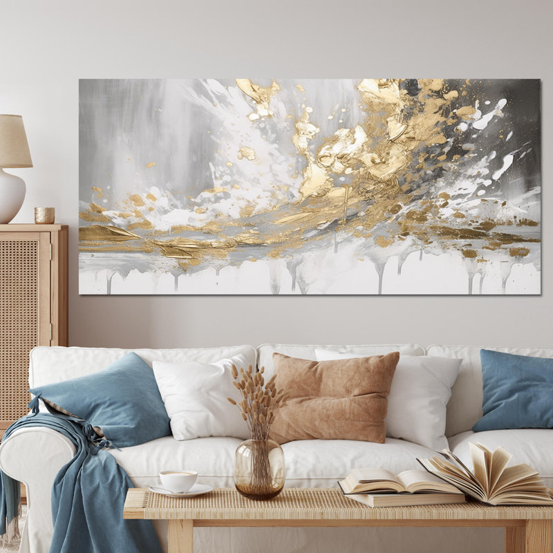 «Gold and White Collusion Abstract», art mural abstrait, impression sur toile moderne, H 24 po x l 32 po, Cadre photo unique