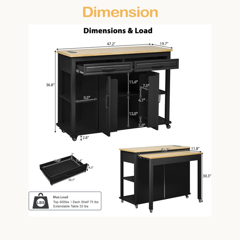 47 Inch Kitchen Island With Extendable Dining Table, Rubber Wood Veneer Kitchen Table With Internal Storage Rack, Black