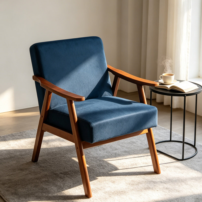 Chaise d'appoint en velours noir avec structure en bois massif, fauteuil Mid-Century moderne classique pour petits espaces - Fauteuil de lecture confortable pour le vestibule de la chambre à coucher