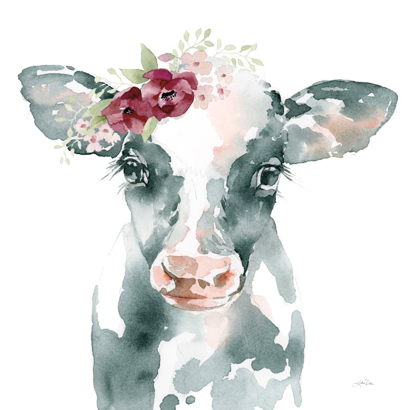«Floral Cow» par Katrina Pete - imprimé, H 36 po x l 36 po, Oui, Cadre photo noyer