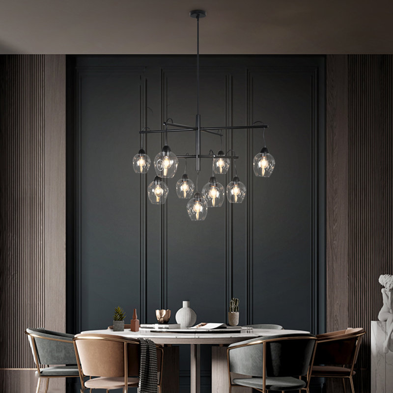 9-Light Adjustable Mid-Century Modern Chandelier, Black Metal Industrial Pendant Light With Glass Shades For Dining Room, Kitchen Island, Entryway, Bedroom