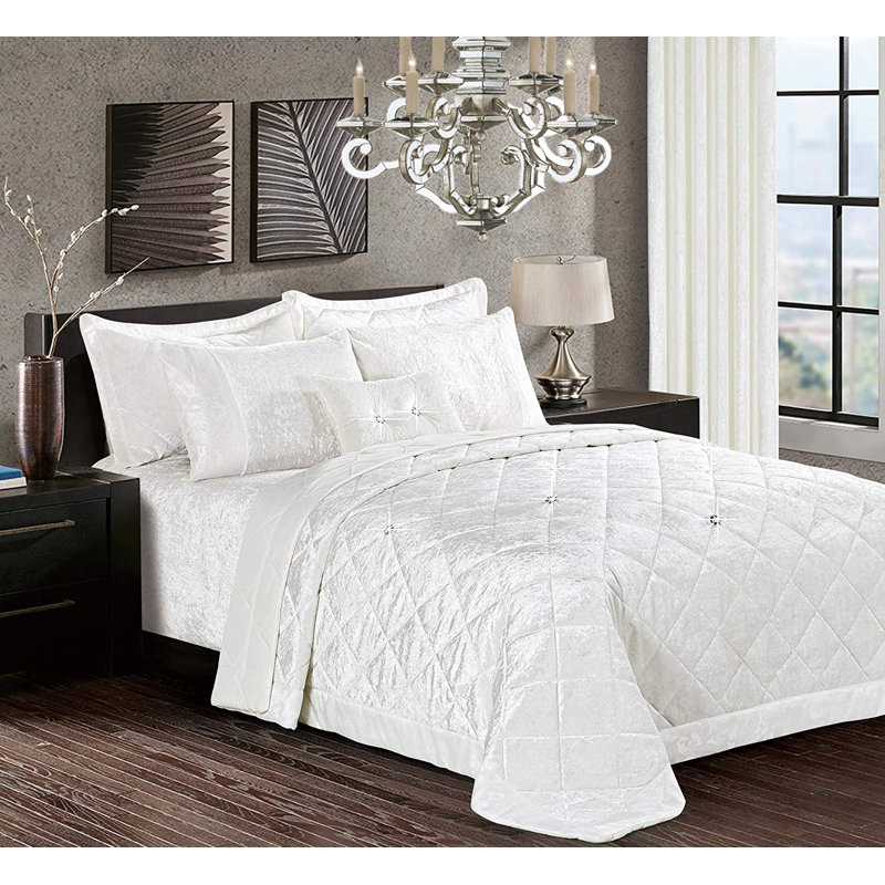 Santiago Crushed Velvet Bedspread Set Premium Soft Microfiber Reverse and Standard Pillow Shams, White