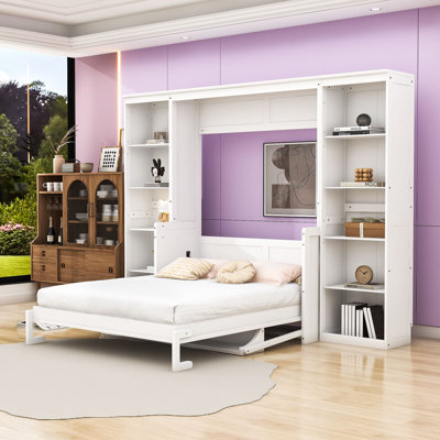 Wooden Murphy Bed with Built-in-Desk and Bookshelf