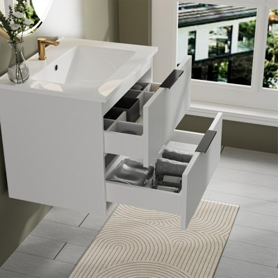 24 Inch Bathroom Vanity Cabinet With Ceramic Sink - White Wall Mounted Floating Fluted Vanity With Drawers, Modern