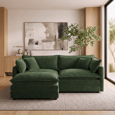 2-Seater Loveseat with Movable Ottoman and Compact L-Shaped Lounge Layout, Dark Green