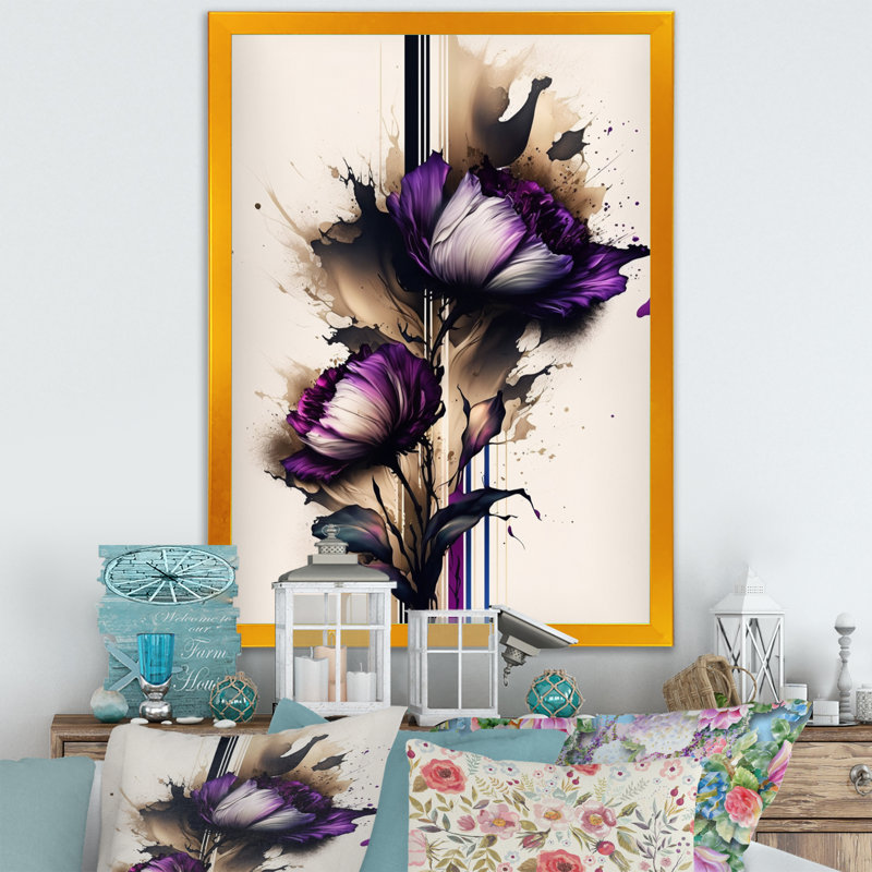 Fleur de pivoine Puple sur peinture abstraite I - Peinture sur toile, Impression dorée sur toile encadrée