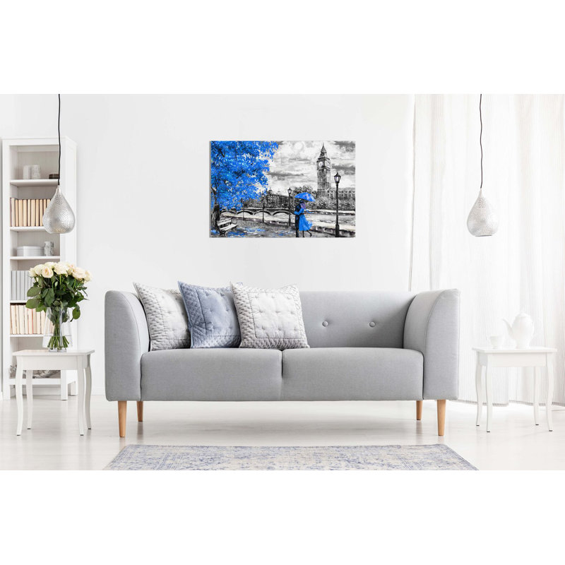 London Oil Painting Artwork Reproduction Big Ben - Wrapped Canvas Print, 20cm H x 31cm W, Blue
