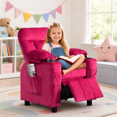 Toddler Recliner Chair with Cup Holder, Adjustable Velvet Kids Lounge Chair with Footrest and Side Pockets, Ergonomic Baby Sofa