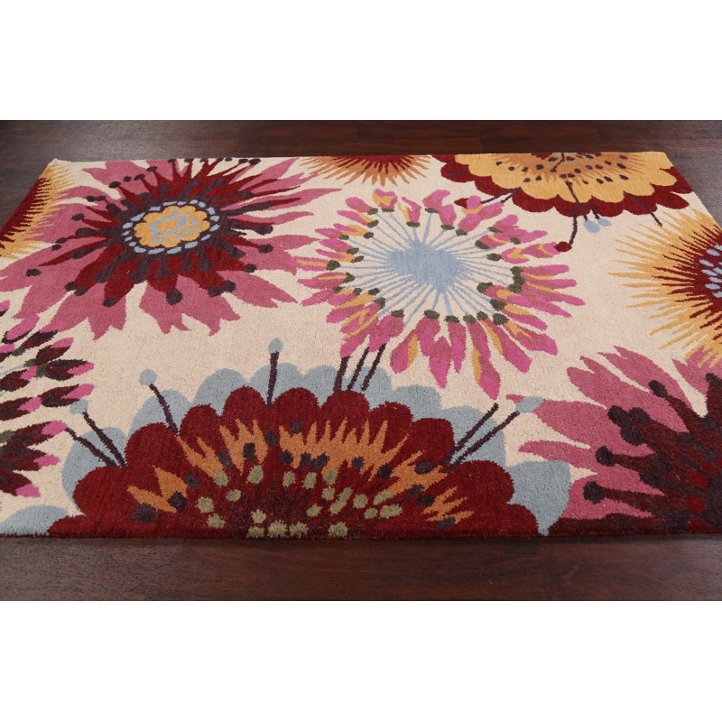 Tapis beige / rouge en laine touffeté à la main Floral