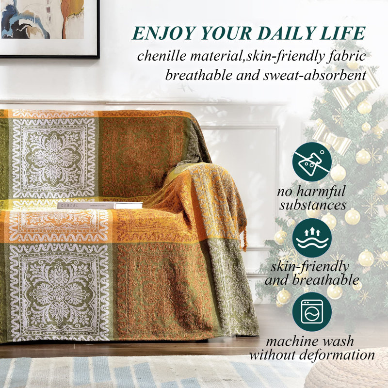 Evelyn Sofa Slipcover, Green/Brown/White, 220cm H x 260cm W