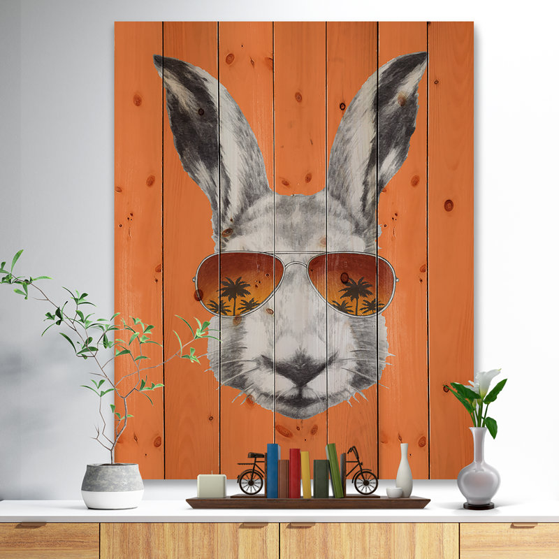 Animal avec lapin et lunettes de soleil sur toile - Lapin amusant, H 46 po x l 36 po x 1,5 po, Bois naturel