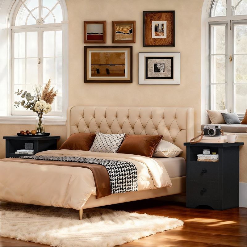 NightStand Set of 2 with 2 Drawers & Open Storage Shelf, Farmhouse End Table Bedside Table for Bedroom Living Room, Black