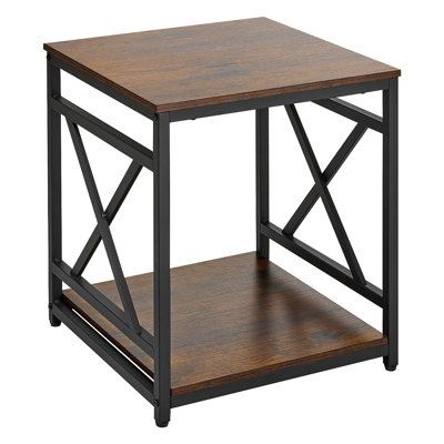 Table de bout, table d'appoint carrée à 2 niveaux avec tablettes de rangement ouvertes, table de chevet avec table de chevet moderne avec structure en X, bureau de canapé en bois