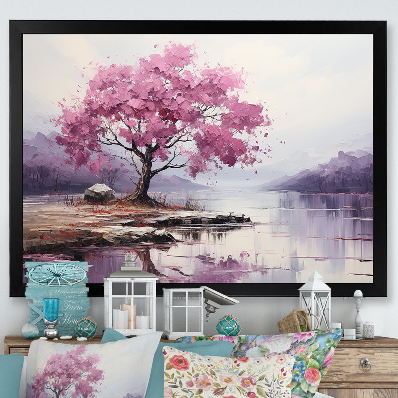 Fleur de cerisier mauve au bord du lac II - Art mural cerisier en fleurs, Cadre d'angle fermé noir