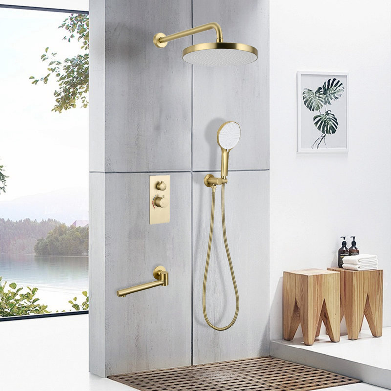 Ensemble de système de douche à 3 fonctions de luxe - valve de contrôle en laiton massif, douche de tête 10 po, douchette à 3 jets, avec bec de baignoire