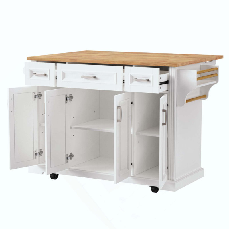 Kitchen Island With Rubber Wood Drop Leaf, Embossed Texture Rolling Kitchen Cart On 4 Wheels With 4 Doors And 3 Drawers, Kitchen Island With Storage For Kitchen, Dining Room