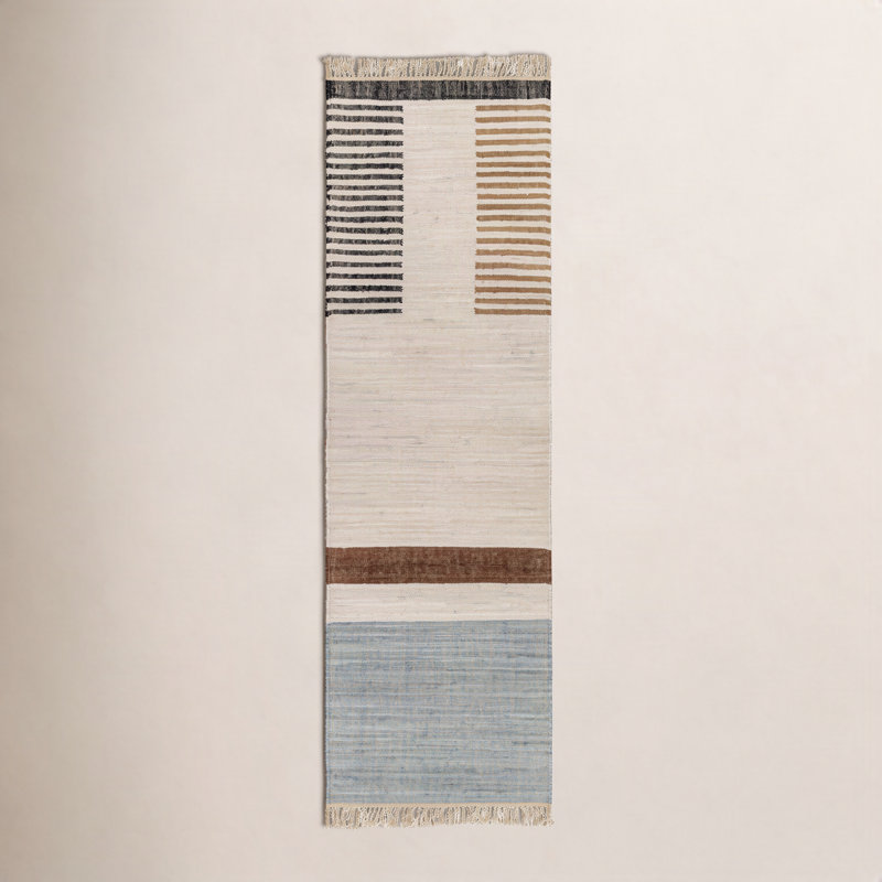 Tapis crème / noir en coton tissé à la main Avenue Southwestern, Tapis de couloir 2 pi 6 po x 8 pi