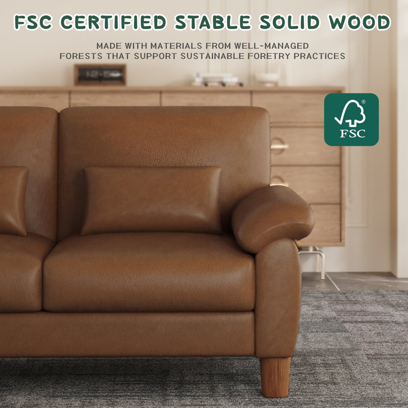 180cm Faux Leather 2-Seater Sofa With Solid Wood Frame, Spring Seat Cushion and Two Throw Pillows, Brown