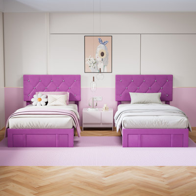 Murlene 2 Pack Upholstered Headboard Adjustable Height Twin Size Platform Single Bed With Drawers